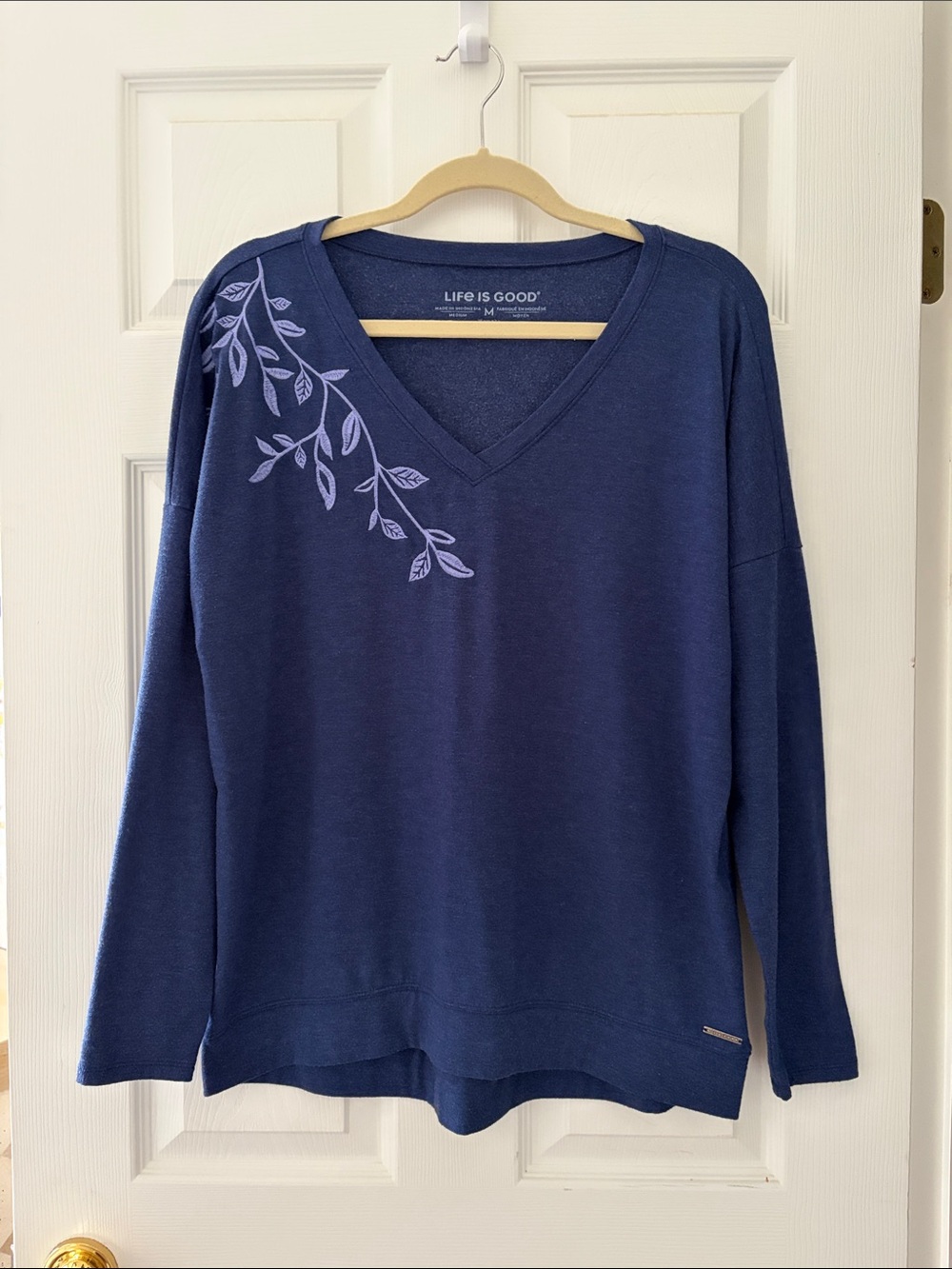 Life Is Good Navy V-Neck Sweatshirt with Leaf Shoulder Detail